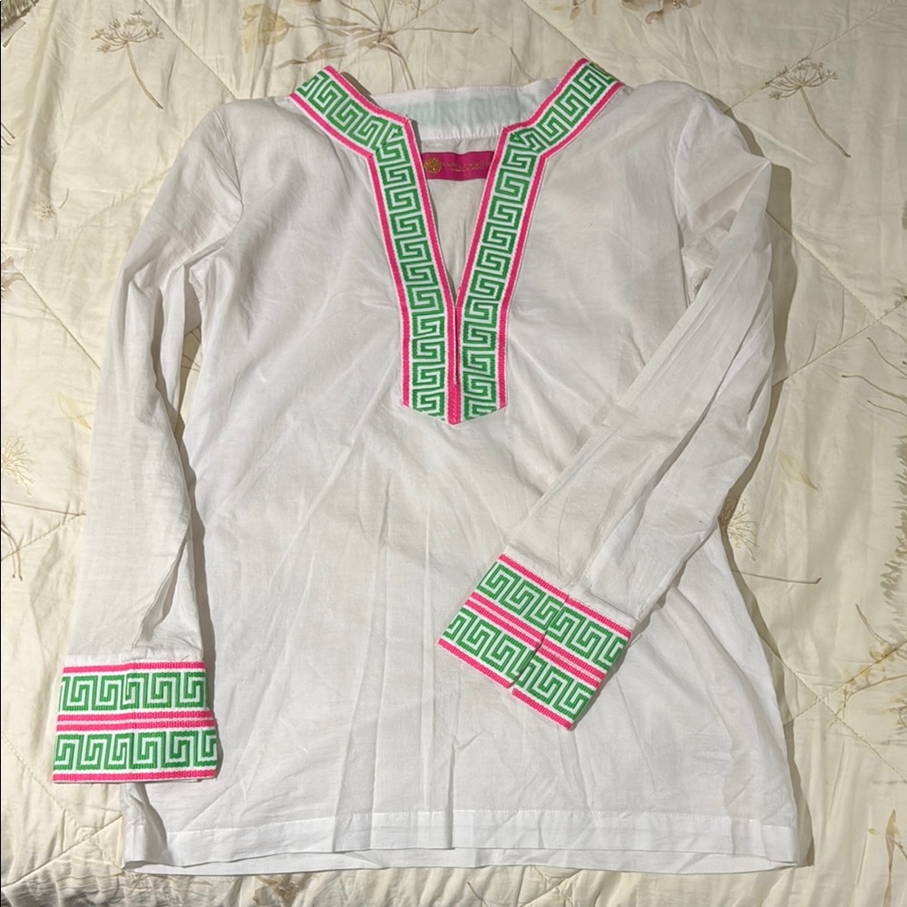 Macbeth Collection White Top with Green and Pink Trim